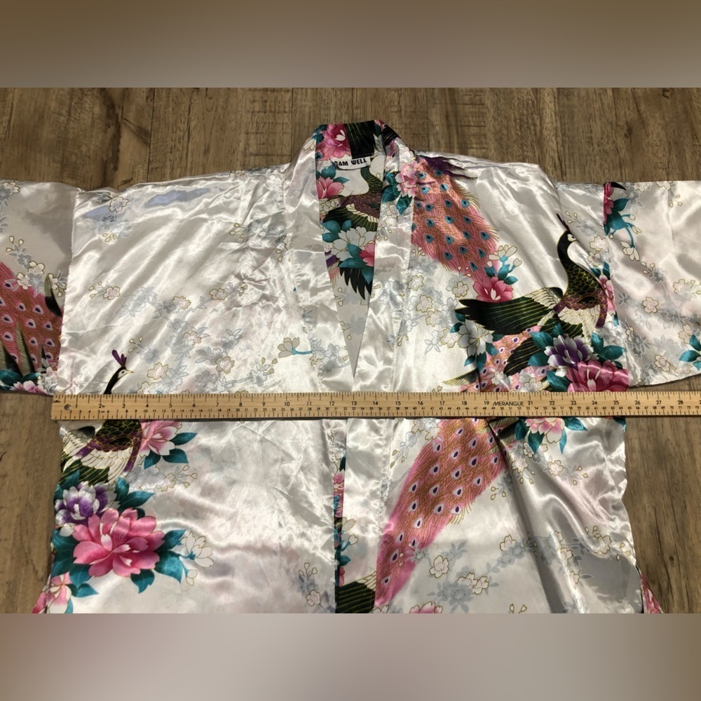 Sam Well Floral Satin Kimono Robe peacock floral flowers romantic night bath - Picture 7 of 9